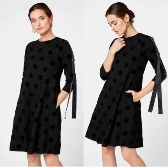 Dresses & Skirts - CAARA Women’s Black Velvet Polka Dot Swing Mini Dress size XS w/Buckle Sleeve
